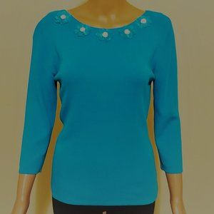 Joseph A Aqua with White Embroidered at Scoop Neckline 3/4 Sleeve Size M NWOT